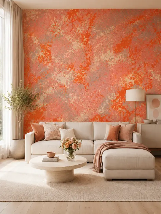 BELKA Tapete MIX4013 Terrakotta-Abend als warme Akzentwand in Orange, Lachs, Gelb-Creme und Hellbraun im modernen Wohnzimmer