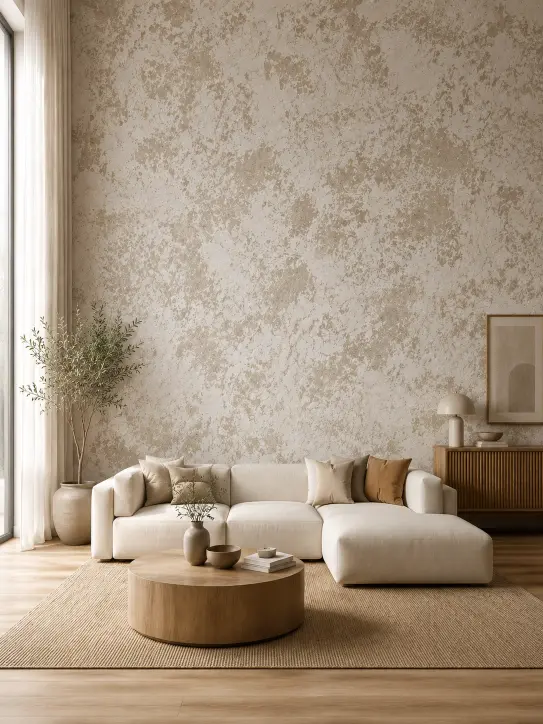 BELKA Tapete MIX4015 Sanfte Düne als helle Akzentwand in Elfenbein, Weiß, Portland Stone und Warm Neutral im modernen Wohnzimmer