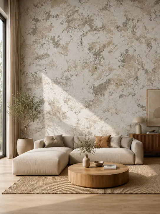 BELKA Tapete MIX4016 Salbei & Stein als natürliche Akzentwand in Elfenbein, Weiß, Portland Stone und Earthy Sage im modernen Wohnzimmer
