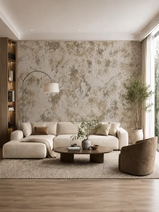 BELKA Tapete MIX4018 Naturatelier als organische und wohnliche Akzentwand in Elfenbein, Weiß, Warm Neutral und Earthy Sage im Wohnzimmer
