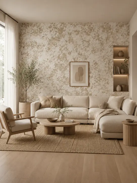 BELKA Tapete MIX4019 Karamellcreme als warme und elegante Akzentwand in Elfenbein, Weiß, Warm Neutral und Caramelized im Wohnzimmer