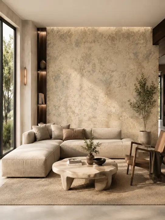 BELKA Tapete MIX4021 Y25 Naturpalette als organische und moderne Akzentwand in Portland Stone, Warm Neutral, Earthy Sage und Caramelized im Wohnzimmer
