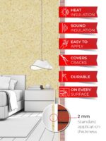 A bedroom with walls covered in Belka cream. Six red labels inscribing the unique features of the product.