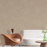Belka Y2502 Portland Stone wallpaper in a modern living room, warm greige (creamy taupe) wall finish