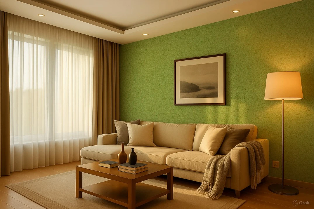 Modern living room featuring knockdown drywall texture on walls and ceiling