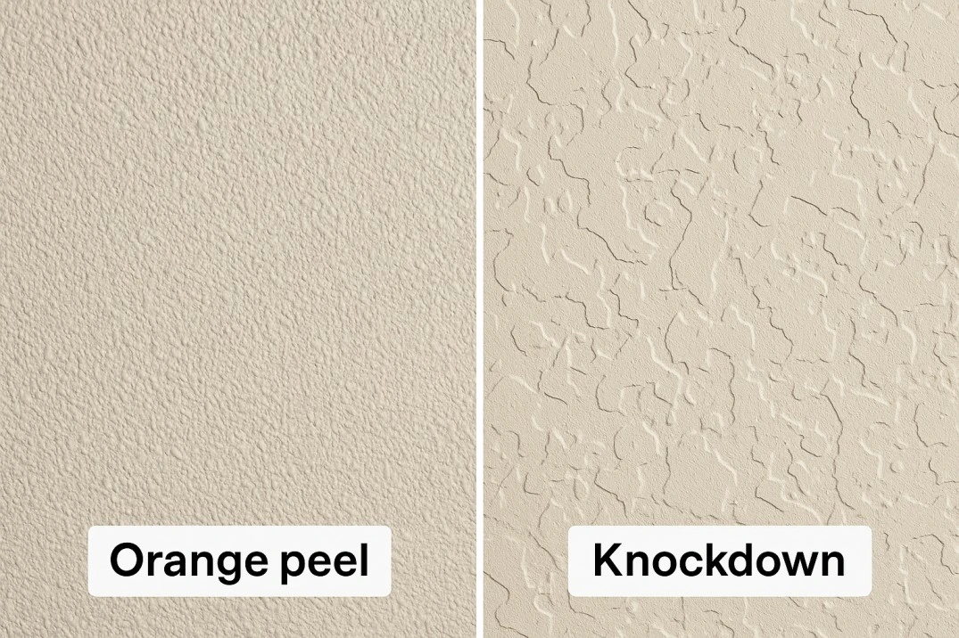 Side-by-side comparison: Orange Peel vs Knockdown drywall texture