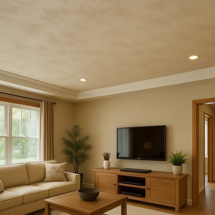 Sand swirl ceiling texture in a bright large room