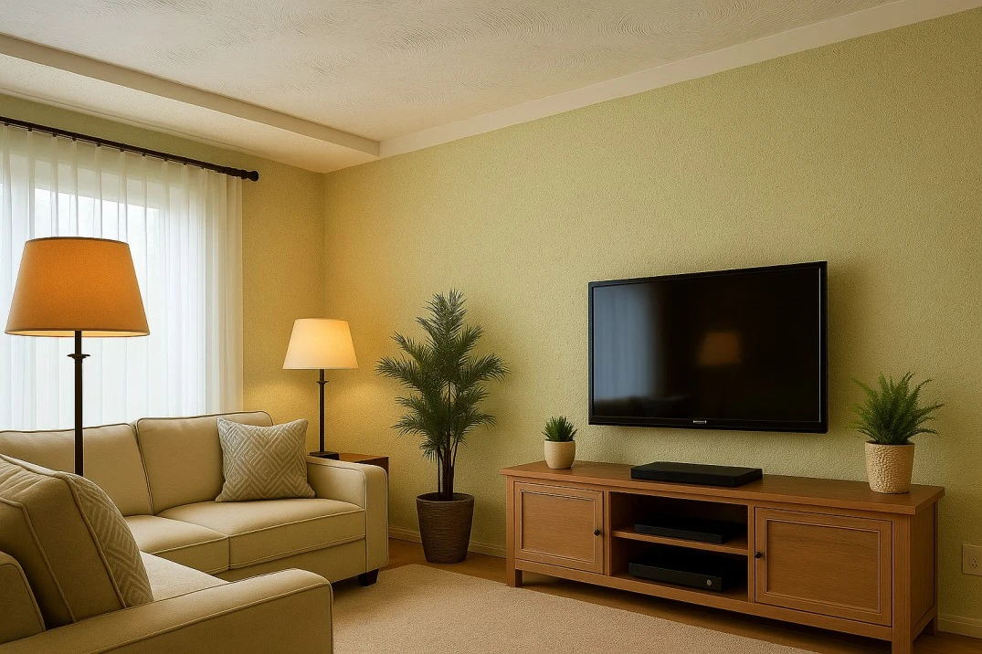 Living room showing wall knockdown and sand swirl ceiling textures