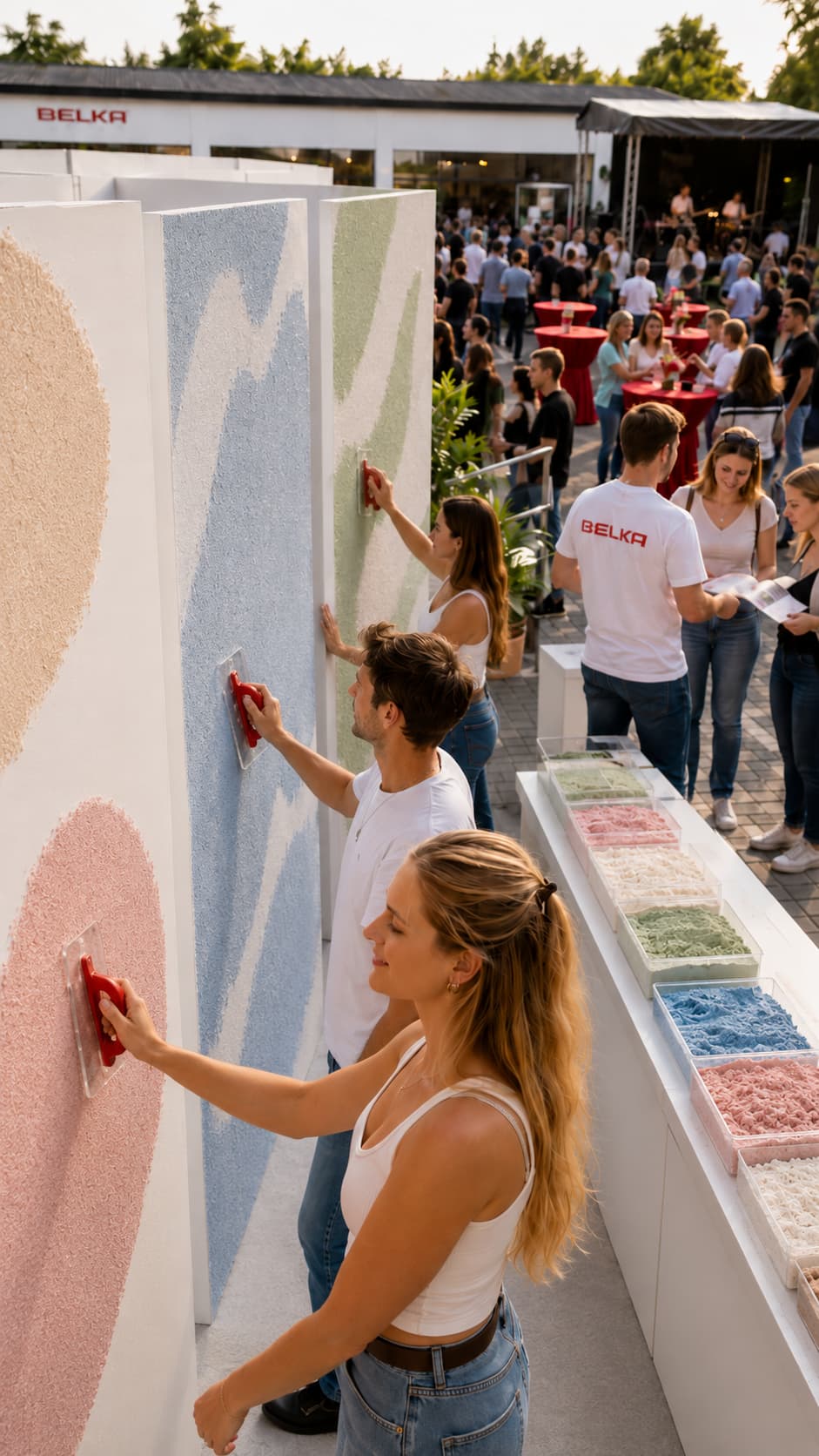 Besucher tragen BELKA Tapete mit der Glättkelle auf die Community Art Wall auf